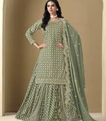 Light green art silk embroidered stitched sharara suit (free size)