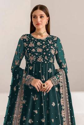 Teal green fauk gerogette sequin embroidered salwar suit 2