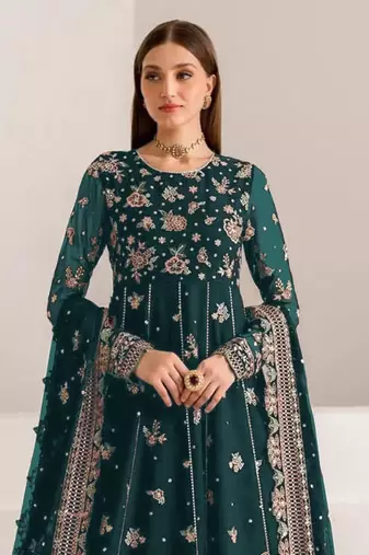 Teal green fauk gerogette sequin embroidered salwar suit