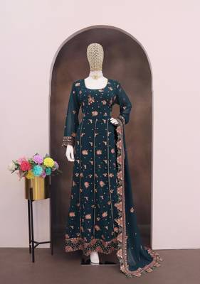Teal green fauk gerogette sequin embroidered salwar suit 3