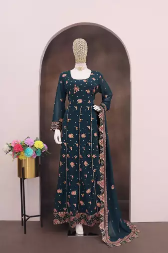 Teal green fauk gerogette sequin embroidered salwar suit