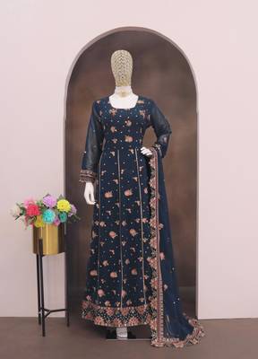 Navy blue fauk gerogette sequin embroidered salwar suit 3