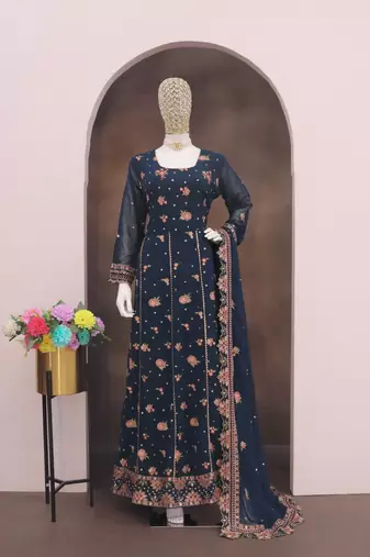 Navy blue fauk gerogette sequin embroidered salwar suit