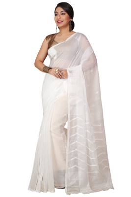 White Temple Border Jamdani saree without blouse 1