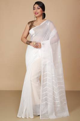 White Temple Border Jamdani saree without blouse 2