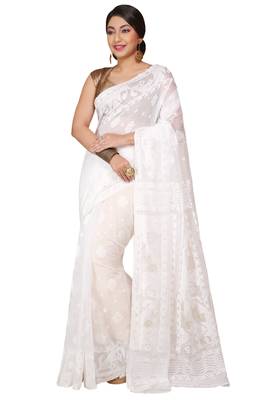 White Cotton Silk Dhakai Soft Jamdani Sarees without blouse 1
