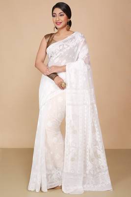 White Cotton Silk Dhakai Soft Jamdani Sarees without blouse 2
