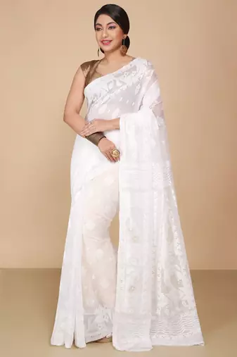 White Cotton Silk Dhakai Soft Jamdani Sarees without blouse