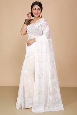 White Cotton Silk Dhakai Soft Jamdani Sarees without blouse 3