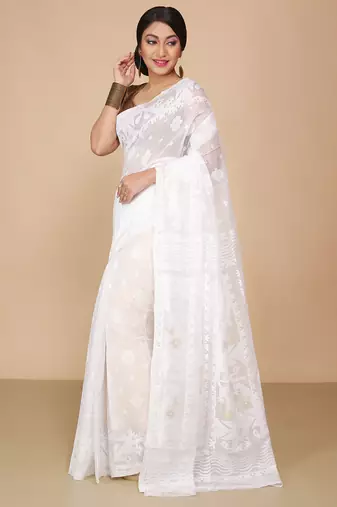 White Cotton Silk Dhakai Soft Jamdani Sarees without blouse