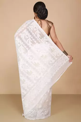 White Cotton Silk Dhakai Soft Jamdani Sarees without blouse
