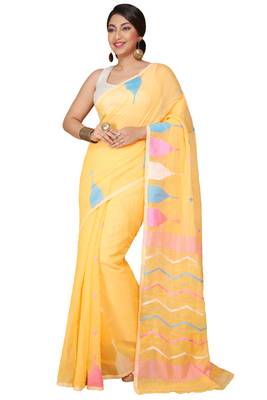 Yellow Temple Border Jamdani saree without blouse 1