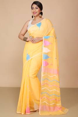 Yellow Temple Border Jamdani saree without blouse 2