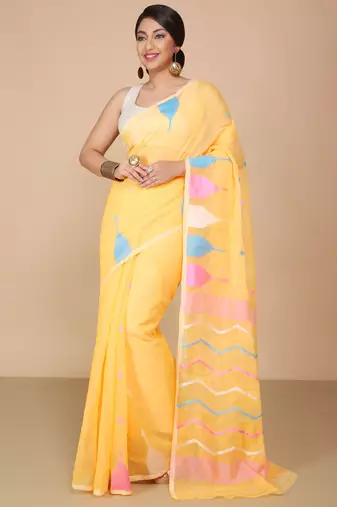 Yellow Temple Border Jamdani saree without blouse