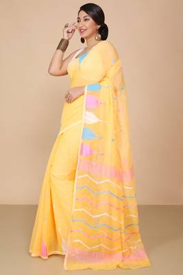Yellow Temple Border Jamdani saree without blouse 3
