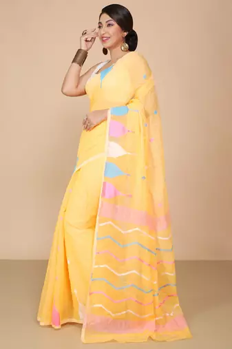 Yellow Temple Border Jamdani saree without blouse