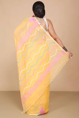 Yellow Temple Border Jamdani saree without blouse 4