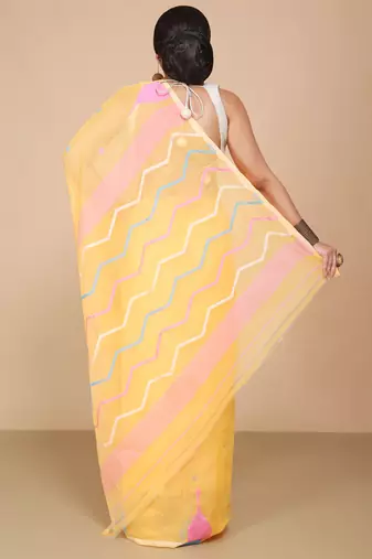 Yellow Temple Border Jamdani saree without blouse