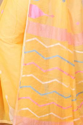 Yellow Temple Border Jamdani saree without blouse 5