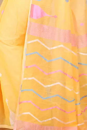 Yellow Temple Border Jamdani saree without blouse