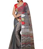 Grey Temple Border Jamdani saree without blouse