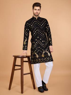 Black viscose rayon thread & sequins embroidered with foil mirror work wedding festival party wear straight kurta 1
