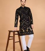 Black viscose rayon thread & sequins embroidered with foil mirror work wedding festival party wear straight kurta