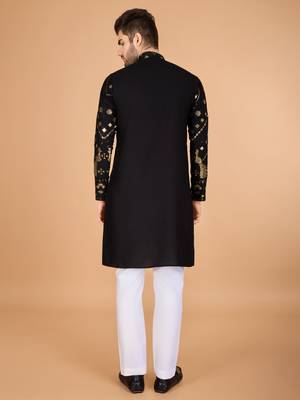 Black viscose rayon thread & sequins embroidered with foil mirror work wedding festival party wear straight kurta 6