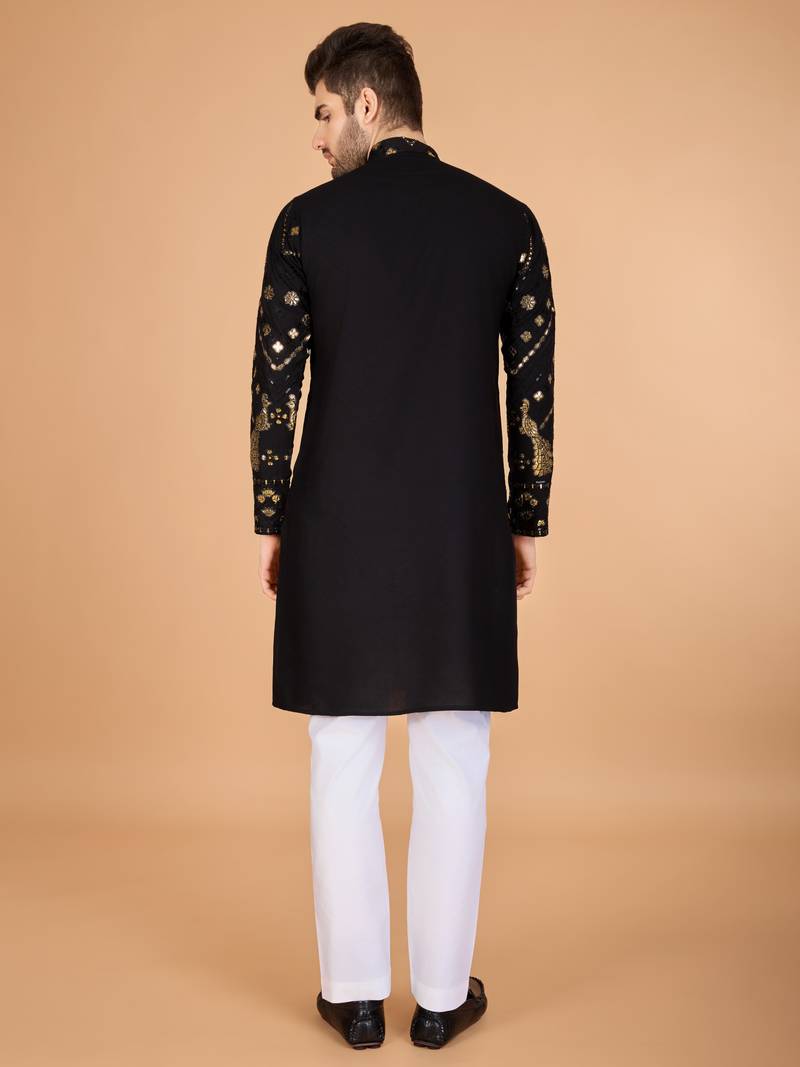 Black viscose rayon thread & sequins embroidered with foil mirror work wedding festival party wear straight kurta