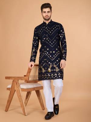 Navy blue viscose rayon thread & sequins embroidered with foil mirror work wedding festival party wear straight kurta 1
