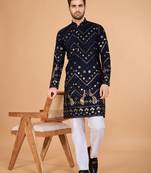 Navy blue viscose rayon thread & sequins embroidered with foil mirror work wedding festival party wear straight kurta
