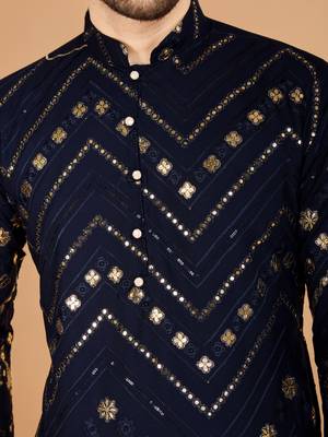 Navy blue viscose rayon thread & sequins embroidered with foil mirror work wedding festival party wear straight kurta 3