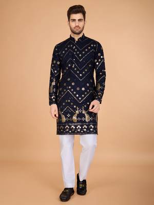 Navy blue viscose rayon thread & sequins embroidered with foil mirror work wedding festival party wear straight kurta 5