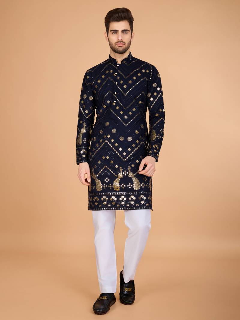 Navy blue viscose rayon thread & sequins embroidered with foil mirror work wedding festival party wear straight kurta
