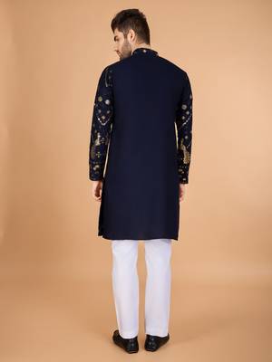 Navy blue viscose rayon thread & sequins embroidered with foil mirror work wedding festival party wear straight kurta 6