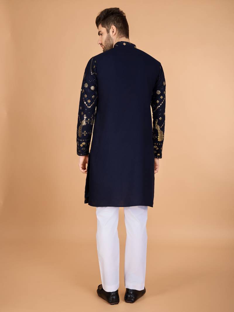 Navy blue viscose rayon thread & sequins embroidered with foil mirror work wedding festival party wear straight kurta