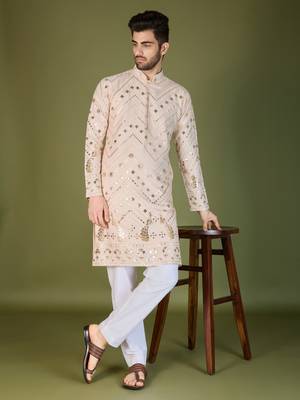 Beige viscose rayon thread & sequins embroidered with foil mirror work wedding festival party wear straight kurta 1