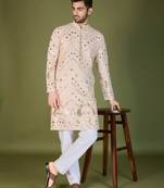 Beige viscose rayon thread & sequins embroidered with foil mirror work wedding festival party wear straight kurta