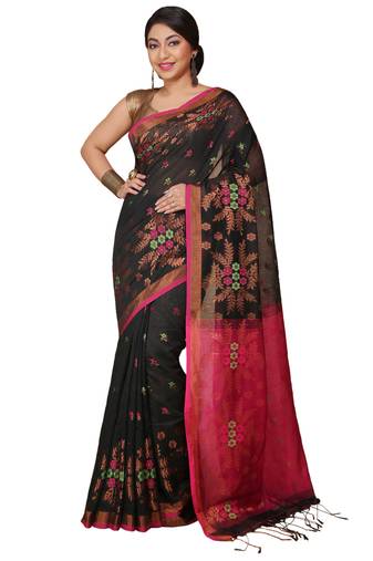Black Floral woven Design  Cotton Saree 
