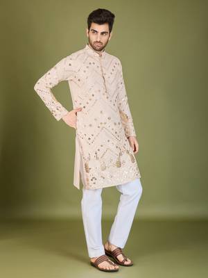 Beige viscose rayon thread & sequins embroidered with foil mirror work wedding festival party wear straight kurta 4