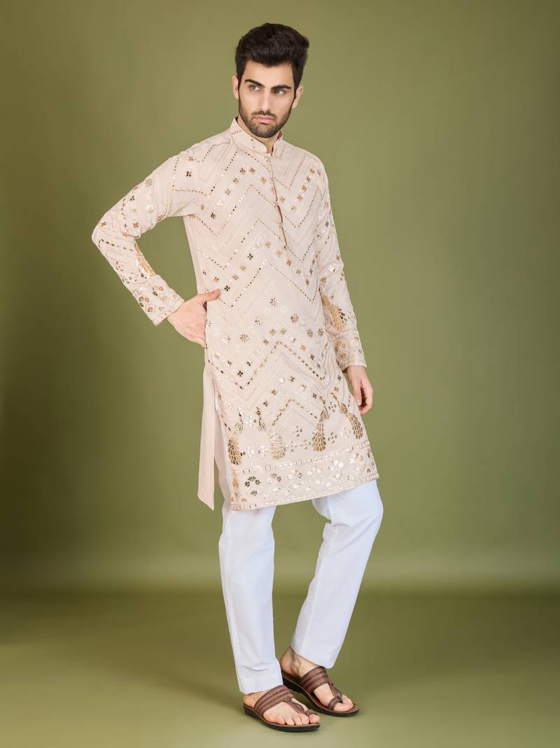 Beige viscose rayon thread & sequins embroidered with foil mirror work wedding festival party wear straight kurta