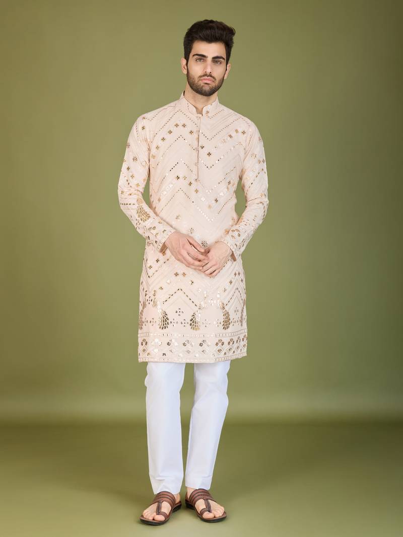 Beige viscose rayon thread & sequins embroidered with foil mirror work wedding festival party wear straight kurta