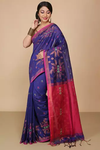 Blue Floral woven Design  Cotton Saree 