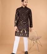Brown viscose rayon thread & sequins embroidered with foil mirror work wedding festival party wear straight kurta