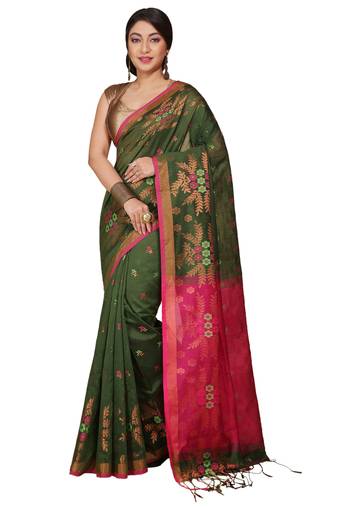 Green Floral woven Design  Cotton Saree 