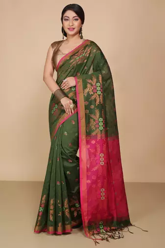 Green Floral woven Design  Cotton Saree 