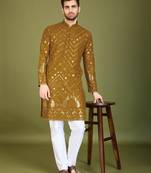 Yellow viscose rayon thread & sequins embroidered with foil mirror work wedding festival party wear straight kurta