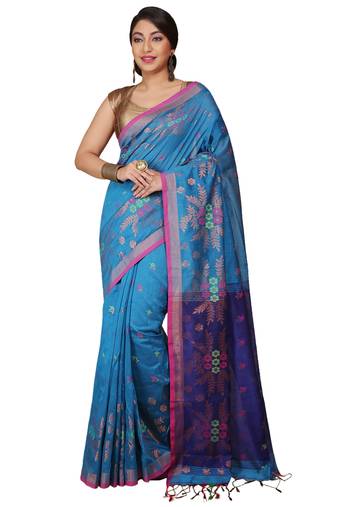 Turquoise Floral woven Design  Cotton Saree 