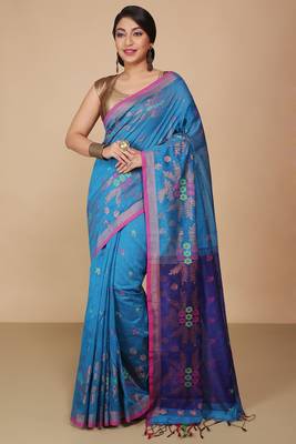 Turquoise Floral woven Design  Cotton Saree  2