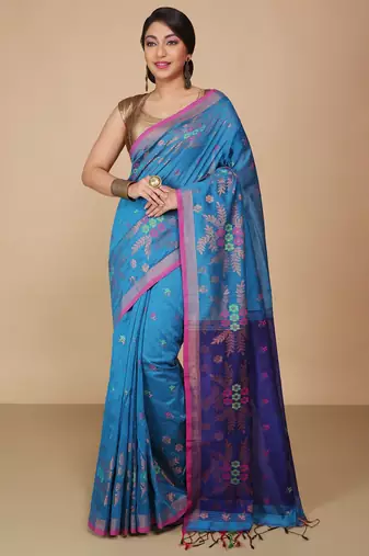 Turquoise Floral woven Design  Cotton Saree 